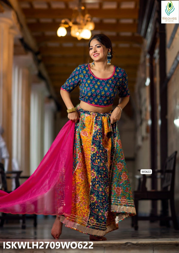 Hand Block Printed Cotton Lehenga With Blouse And Organza Dupatta-ISKWLH2709WO622