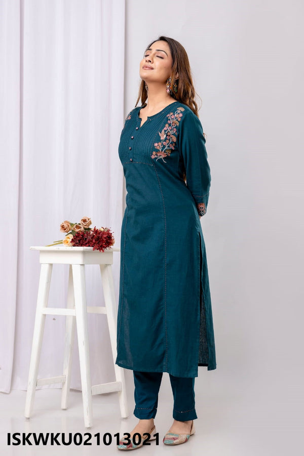 Embroidered Cotton Kurti With Pant-ISKWKU021013021