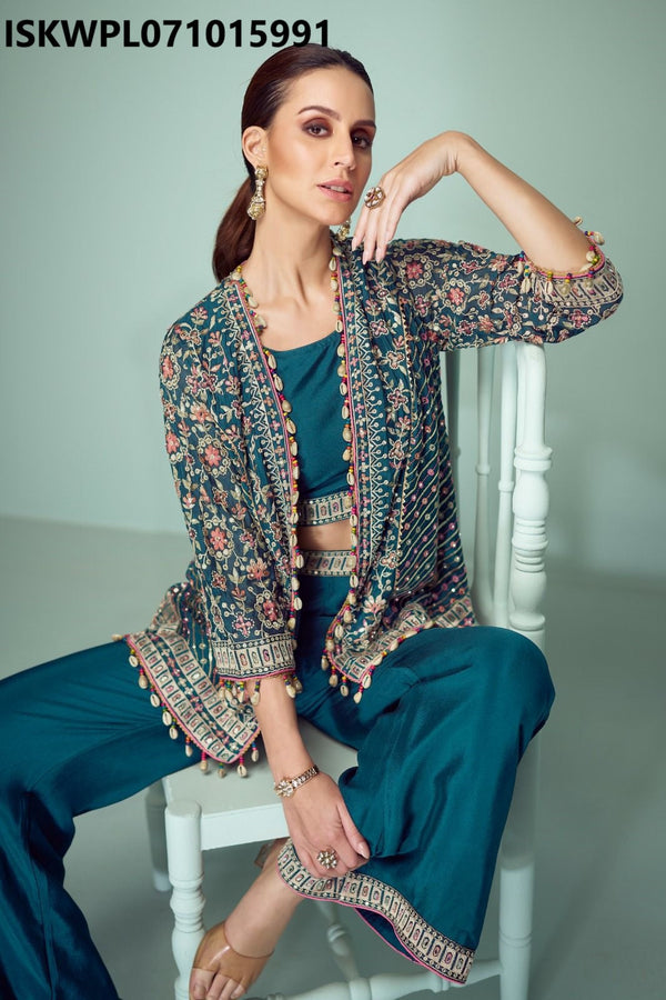 Embroidered Chinon Crop Top With Palazzo And Jacket-ISKWPL071015991