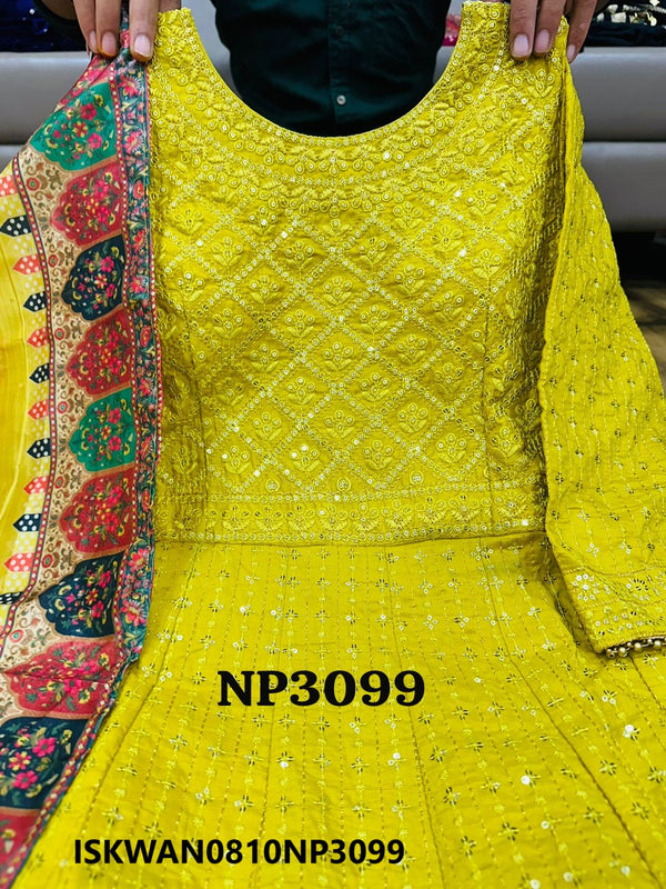 Embroidered Chanderi Anarkali With Digital Printed Dupatta-ISKWAN0810NP3099