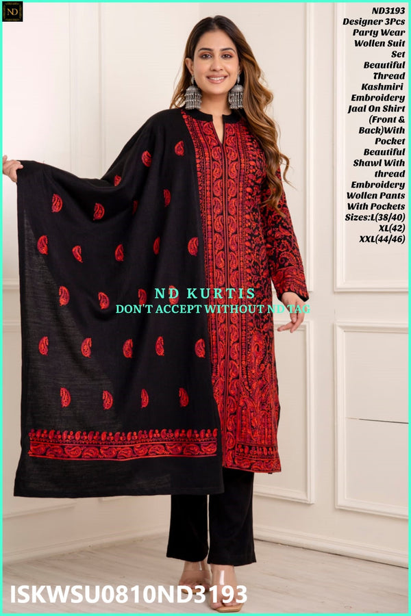 Embroidered Woolen Kurti With Pant And Shawl-ISKWSU0810ND3193