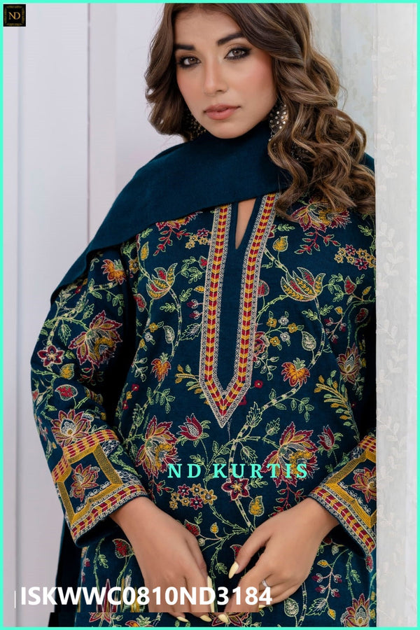 Embroidered Woolen Kurti With Pant And Shawl-ISKWWC0810ND3184