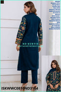 Embroidered Woolen Kurti With Pant And Shawl-ISKWWC0810ND3184