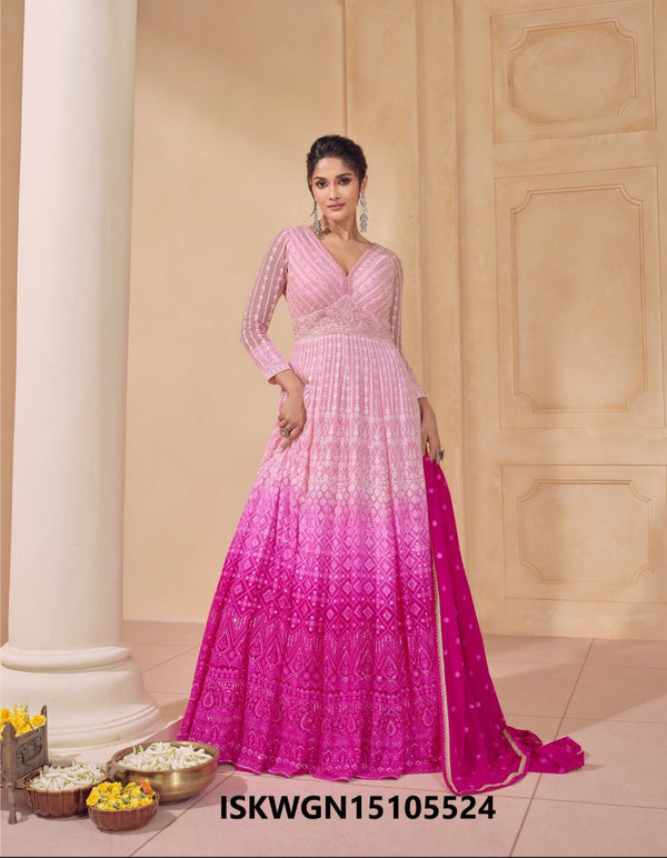 Embroidered Ombre Georgette Gown With Contrast Dupatta-ISKWGN15105524