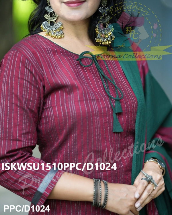 Handloom Weaved Cotton Kurti With Pant And Dupatta-ISKWSU1510PPC/D1024