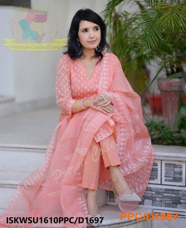 Hand Block Printed Kota Doriya Kurti With Cotton Pant And Dupatta-ISKWSU1610PPC/D1697