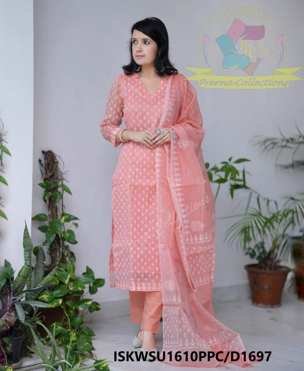 Hand Block Printed Kota Doriya Kurti With Cotton Pant And Dupatta-ISKWSU1610PPC/D1697