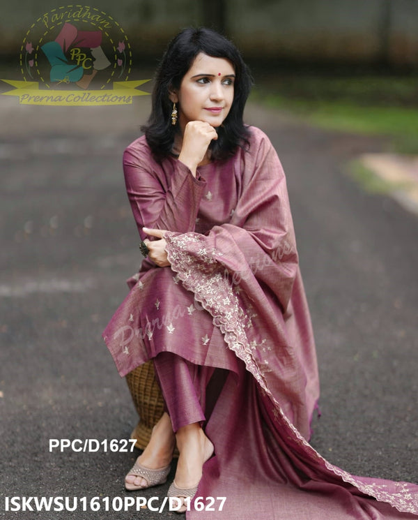 Embroidered Cotton Silk Kurti With Pant And Dupatta-ISKWSU1610PPC/D1627