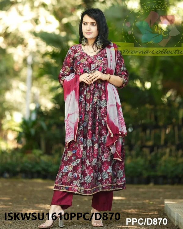 Kalamkari Printed Maslin Cotton Kurti With Silk Pant And Chiffon Dupatta-ISKWSU1610PPC/D870