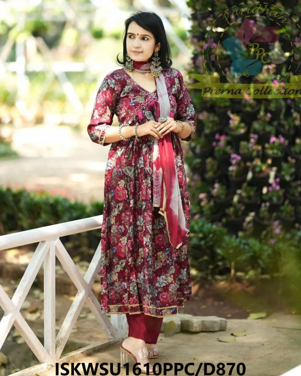 Kalamkari Printed Maslin Cotton Kurti With Silk Pant And Chiffon Dupatta-ISKWSU1610PPC/D870