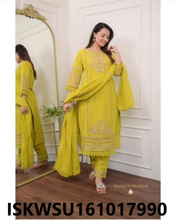 Embroidered Cotton Schiffli Kurti With Pant And Dupatta-ISKWSU161017990