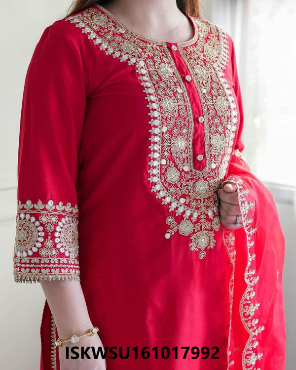 Embroidered Silk Kurti With Pant And Dupatta-ISKWSU161017992