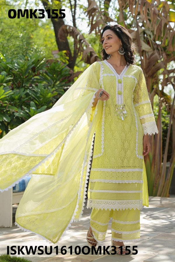 Embroidered Net Schiffli Kurti With Pant And Dupatta-ISKWSU1610OMK3155