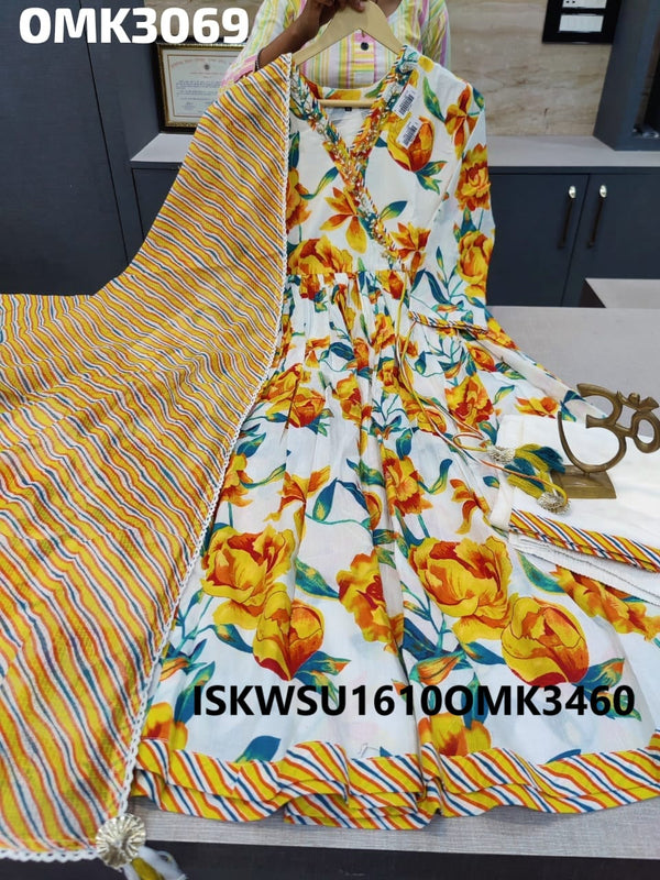 Digital Floral Printed Cotton Anarkali Kurti With Pant And Kota Doriya Dupatta-ISKWSU1610OMK3069