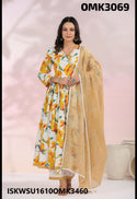 Digital Floral Printed Cotton Anarkali Kurti With Pant And Kota Doriya Dupatta-ISKWSU1610OMK3069