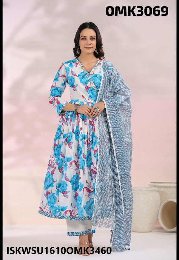 Digital Floral Printed Cotton Anarkali Kurti With Pant And Kota Doriya Dupatta-ISKWSU1610OMK3069