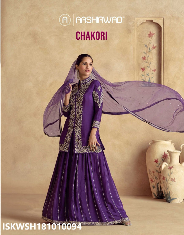 Embroidered Chinon Silk Kurti With Sharara And Net Dupatta-ISKWSH181010094