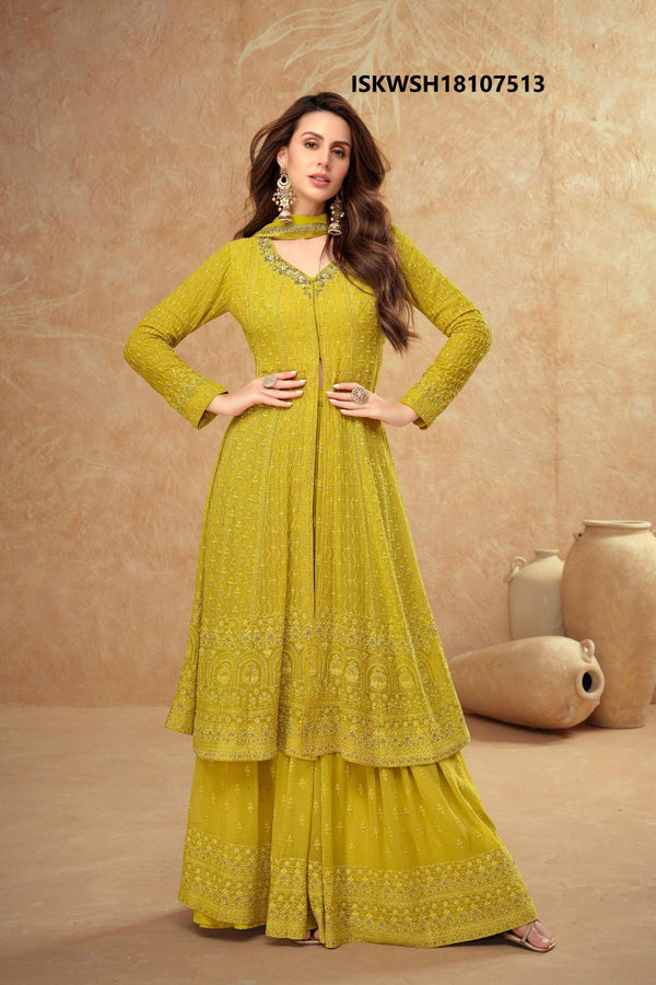 Georgette Front Slit Kurti With Sharara And Embroidered Dupatta-ISKWSH18107513