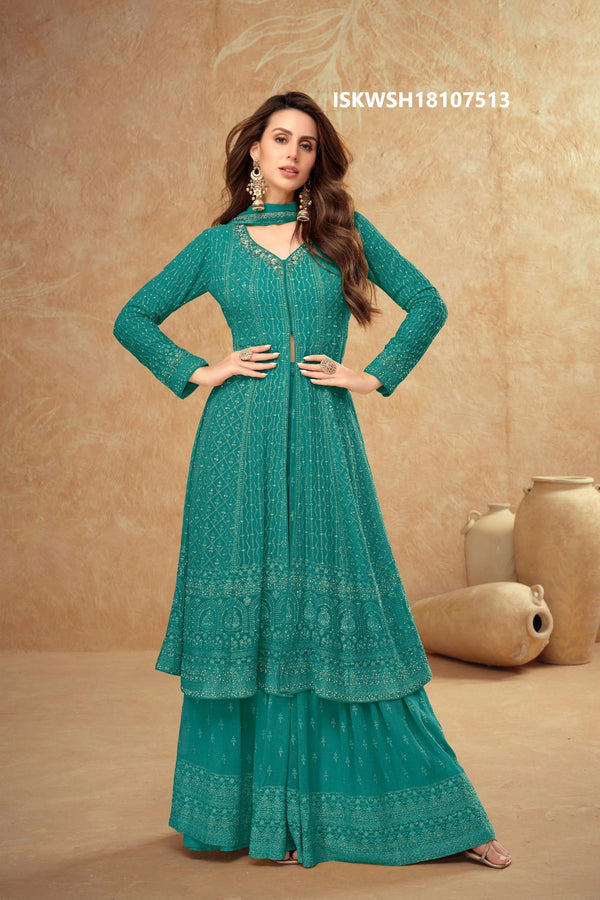 Georgette Front Slit Kurti With Sharara And Embroidered Dupatta-ISKWSH18107513