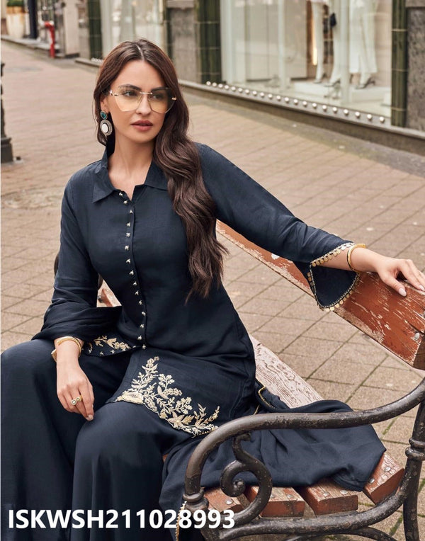 Embroidered Viscose Jacquard Silk Kurti With Sharara And Dupatta-ISKWSH211028993