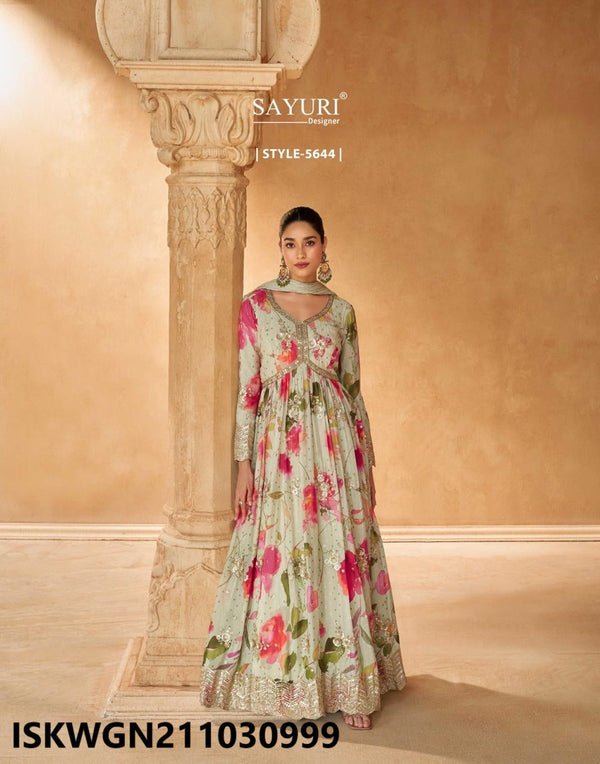 Printed Chinon Silk Gown With Nazmin Dupatta-ISKWGN211030999