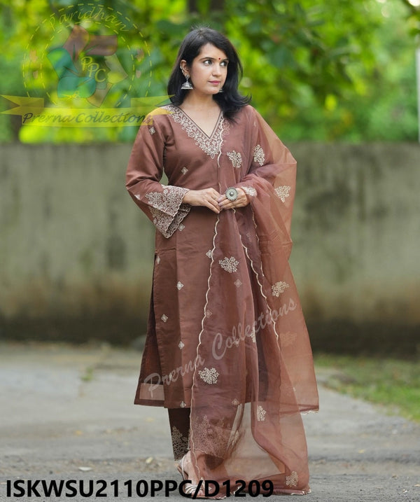 Embroidered Chanderi Silk kurti With Silk Pant And Organza Dupatta-ISKWSU2110PPC/D1209