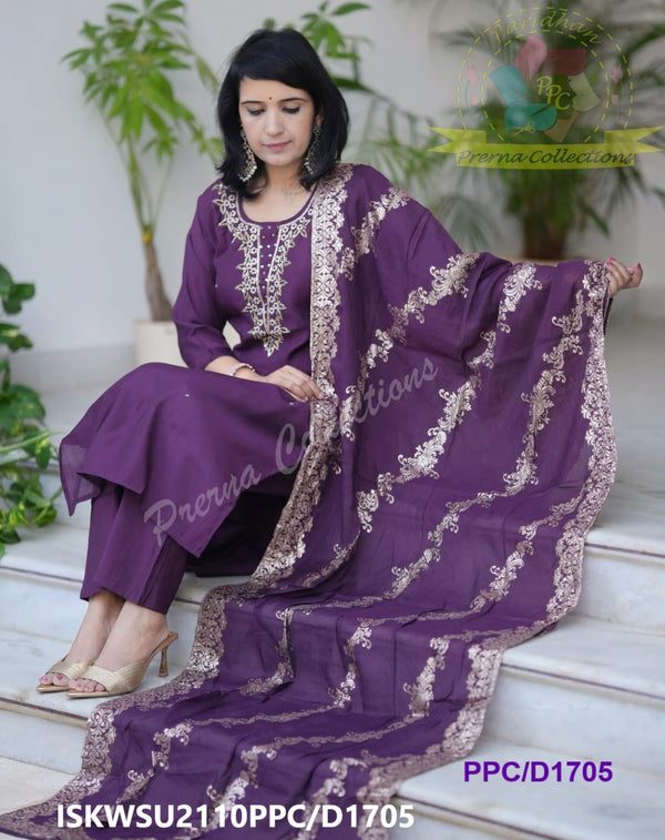 Embroidered Silk Kurti With Pant And Banarasi Weaved Dupatta-ISKWSU2110PPC/D1705