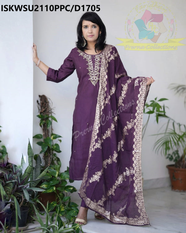 Embroidered Silk Kurti With Pant And Banarasi Weaved Dupatta-ISKWSU2110PPC/D1705