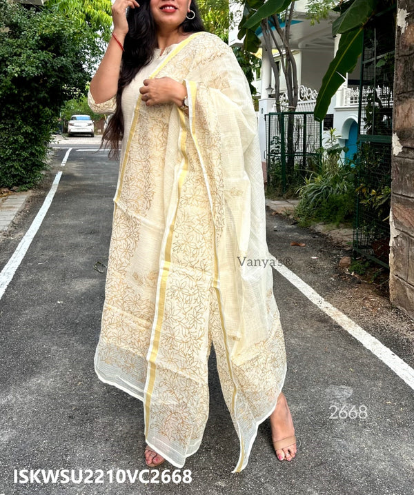 Gold Hand Block Printed Kota Doriya Kurti With Cotton Pant And Dupatta-ISKWSU2210VC2668