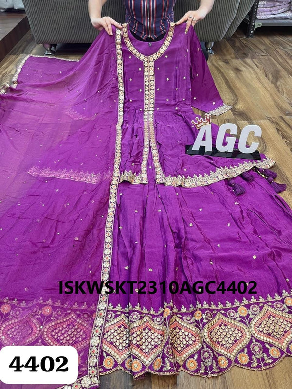 Embroidered Maslin Silk Kurti With Skirt And Chiffon Dupatta-ISKWSKT2310AGC4402