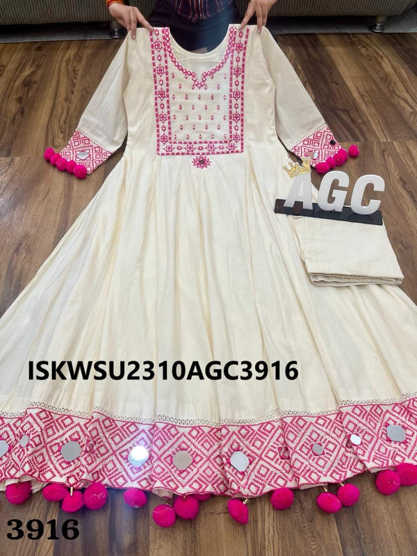 Embroidered Malmal Cotton Anarkali Kurti With Pant And Bandhani Printed Dupatta-ISKWSU2310AGC3916