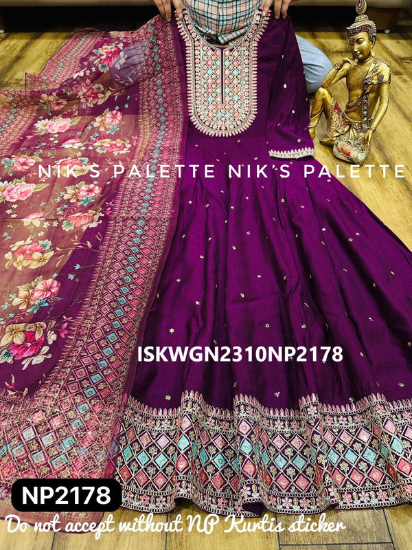 Embroidered Chanderi Gown With Floral Printed Organza Dupatta-ISKWGN2310NP2178