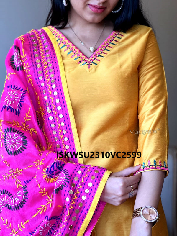 Embroidered Cotton Silk Kurti With Pant And Chanderi Phulkari Dupatta-ISKWSU2310VC2599