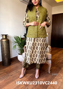 Hand Block Printed Cotton Kurti With Pant And Quilted Jacket-ISKWKU2310VC2440