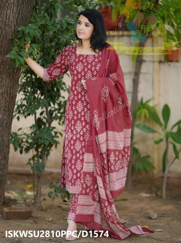 Hand Block Printed Cotton Kurti With Pant And Malmal Cotton Dupatta-ISKWSU2810PPC/D1574