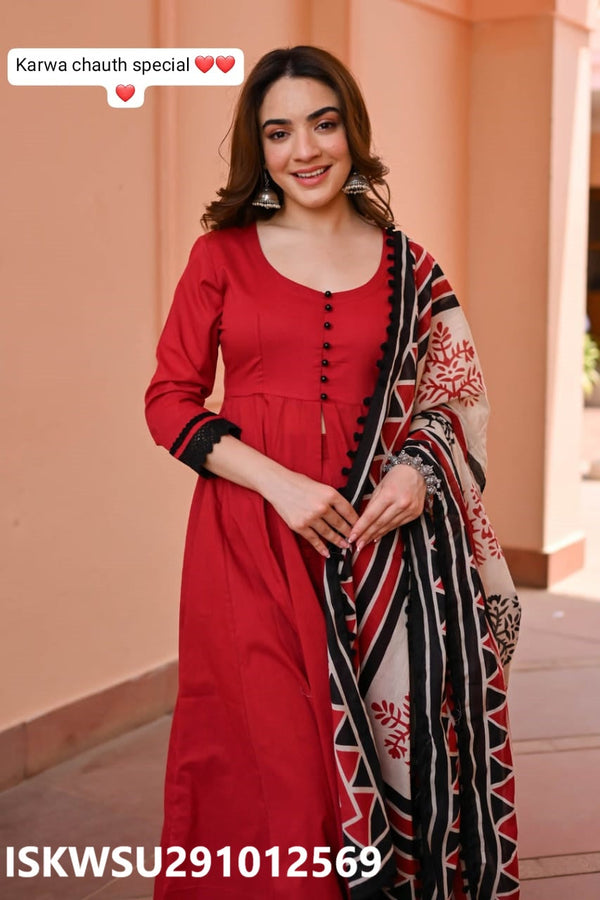 Rayon Cotton Flared Kurti With Pant And Printed Malmal Cotton Dupatta-ISKWSU291012569