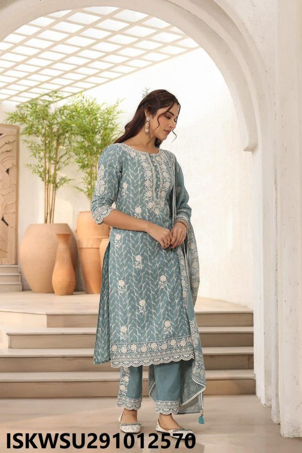 Embroidered Cotton Kurti With Pant And Dupatta-ISKWSU291012570