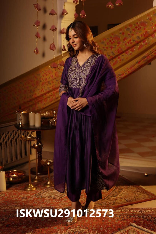 Embroidered Silk Kurti With pant And Organza Dupatta-ISKWSU291012573