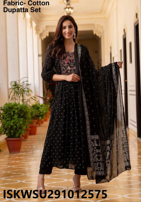 Printed Cotton Anarkali Kurti With Pant And Dupatta-ISKWSU291012575