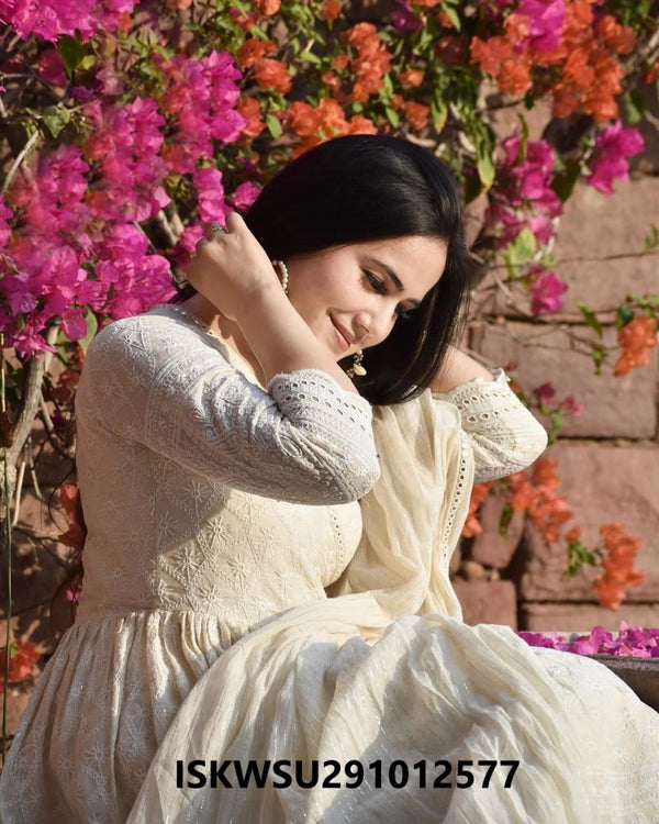 Cotton Chikankari Anarkali Kurti With Pant And Dupatta-ISKWSU291012577