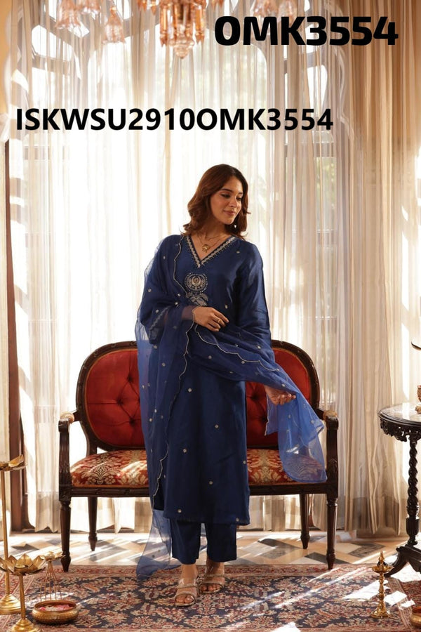 Embroidered Shimmer Kurti With Shantoon Pant And Organza Dupatta-ISKWSU2910OMK3554