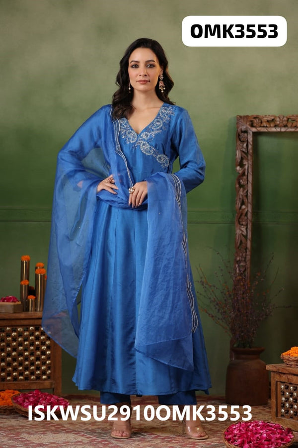 Embroidered Shimmer Anarkali Kurti With Shantoon Pant And Organza Dupatta-ISKWSU2910OMK3553