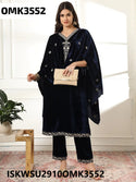 Embroidered Velvet Kurti With Pant And Dupatta-ISKWSU2910OMK3552