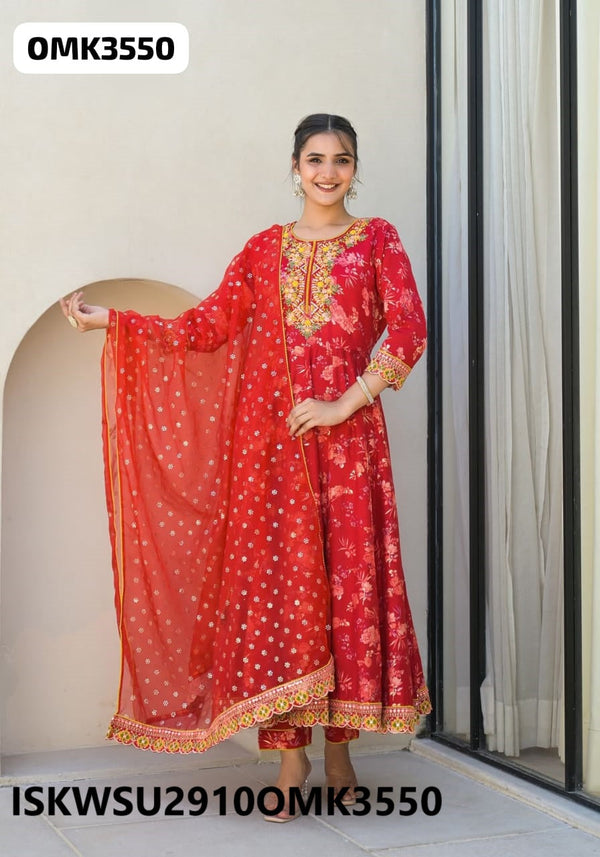 Printed Maslin Anarkali Kurti With Shantoon Pant And Organza Dupatta-ISKWSU2910OMK3550