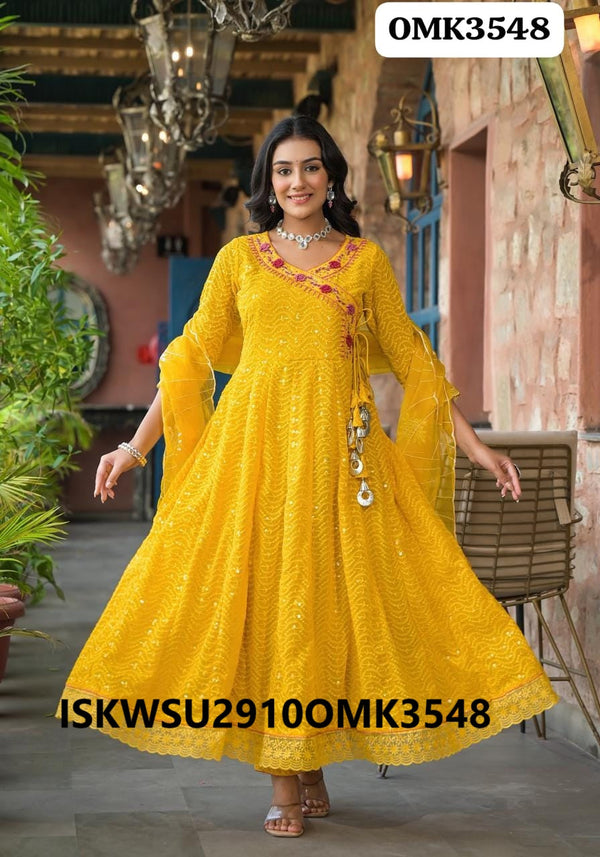 Embroidered Georgette Anarkali Kurti With Shantoon Pant And Organza Dupatta-ISKWSU2910OMK3548