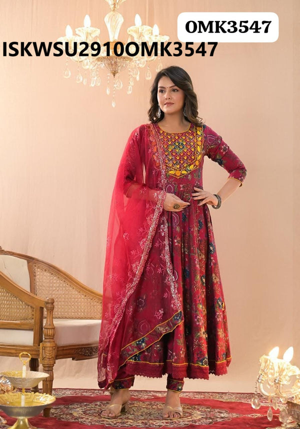 Printed Maslin Anarkali Kurti With Shantoon Pant And Organza Dupatta-ISKWSU2910OMK3547