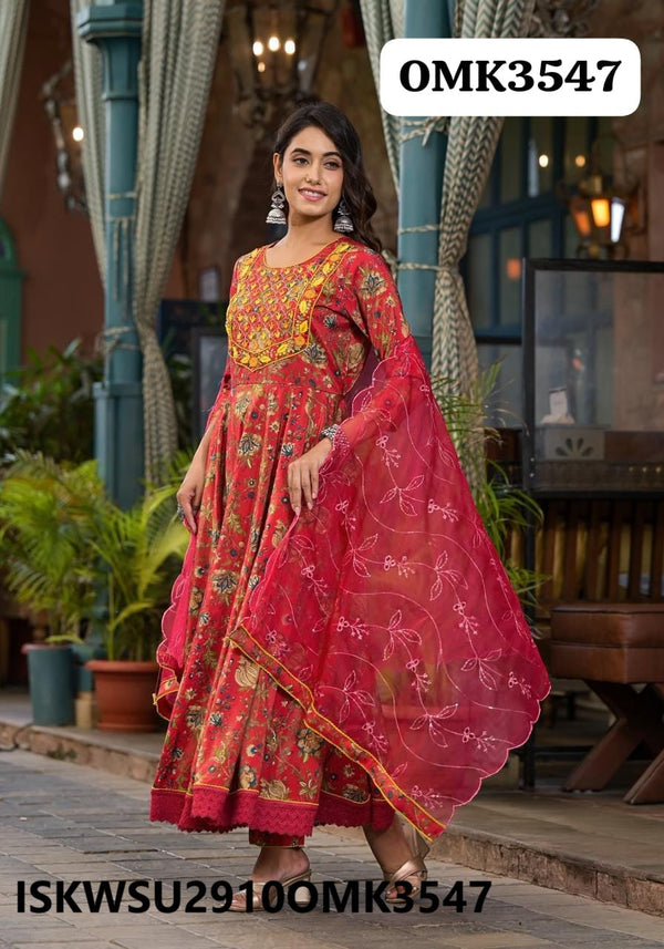 Printed Maslin Anarkali Kurti With Shantoon Pant And Organza Dupatta-ISKWSU2910OMK3547