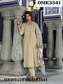 Cotton Anarkali Kurti With Pant And Brush Printed Organza Dupatta-ISKWSU2910OMK3541