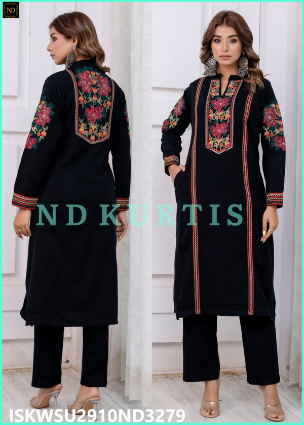 Embroidered Woolen Kurti With Pant And Shawl-ISKWSU2910ND3279