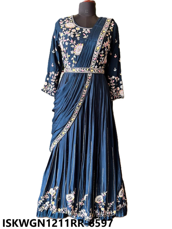 Embroidered Chinon Gown Attached With Drape Dupatta-ISKWGN1211RR-6597